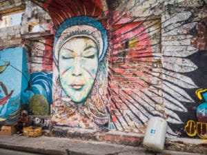 Graffiti Woman depicted in street art in Cartagena Colombia